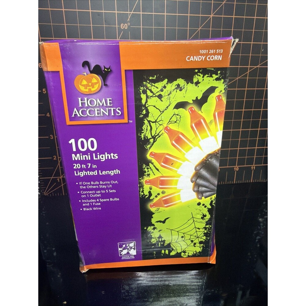 Home Accents Candy Corn Halloween 100 Mini Lights 20.5 Ft Black Wire Open Box